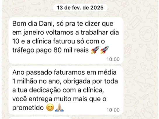 Print de WhatsApp: R$80 mil em janeiro, só com tráfego. Mais de R$1 milhão no ano.