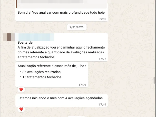 Print de WhatsApp: 35 avaliações no mês. 16 viraram tratamento de R$3.000.